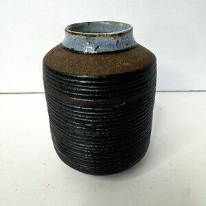 Studio Art Pottery Vase 5.25" Tall Texture Satin Matte Black Brown Glaze Rustic